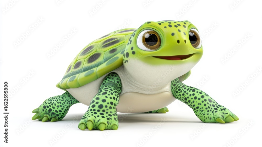 Obraz premium Adorable cartoon turtle, green shell, big eyes, smiling, isolated on white.