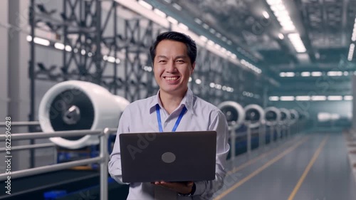 Wallpaper Mural Asian Male Professional Worker Standing With His Laptop, Aircraft Engine Manufacturing and Assembly Line, He Is Looking At The Camera With A Smile Torontodigital.ca