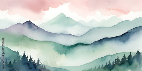 Watercolor Misty Mountain Landscape with Pine Trees