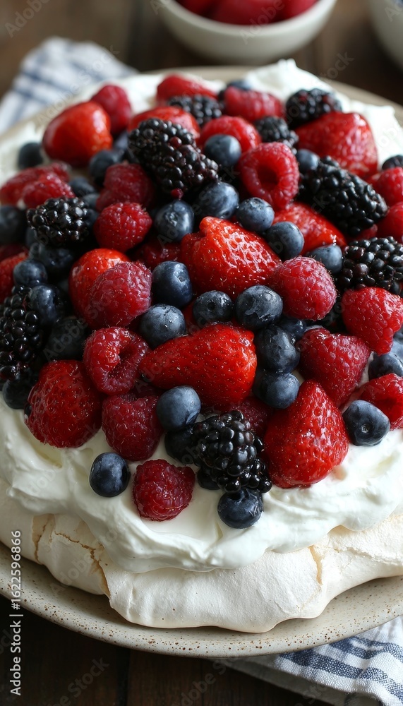 Delicious Summer Pavlova Dessert Topped with Ripe Berries, Perfect for Warm Weather Celebrations Delicious Summer Pavlova Dessert Topped with Ripe Berries, Perfect for Warm Weather Celebrations