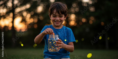 Smiling boy catching fireflies in a jar at dusk. Happy child playing with lightning bugs in a summer evening. Childhood magic and wonder concept.