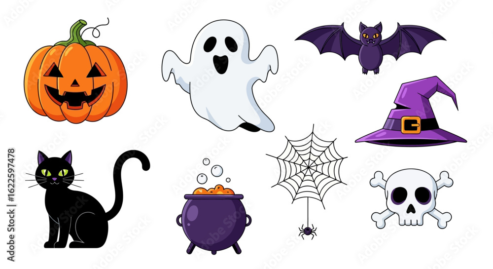 Fototapeta premium Cute Halloween Icon Set – Pumpkin, Ghost, Bat, Witch Hat, Skull, Black Cat, and Spider Web Vector Collection