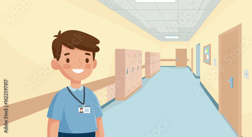 Happy young boy standing in school hallway with lockers  