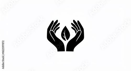 Two hands gently cupping a leaf, symbolizing care, protection, and environmental consciousness in a minimalist design.