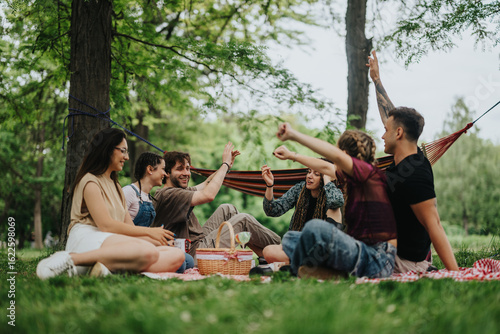 Obraz na płótnie A group of young adults sitting together on picnic blankets, socializing and relaxing in nature during a pleasant day