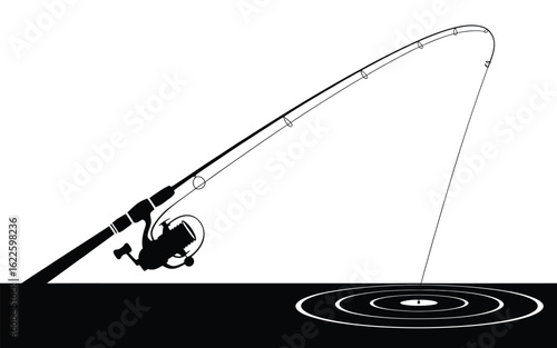 Fishing rod bent with line and lure in water