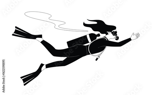 Woman scuba diver in wetsuit with tank and fins underwater