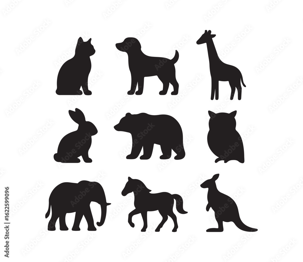 Obraz premium Animal Silhouette Icon Set – Wild and Domestic Creatures in Black Vector Design