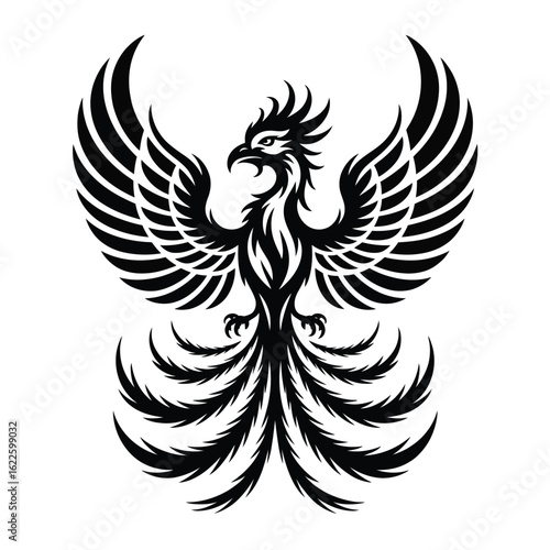 Majestic black phoenix with spread wings and flowing tail feathers