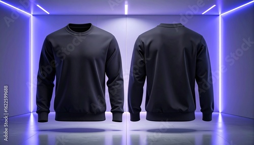 Blank hoodie mockup .Blank sweatshirt black color preview template front and back view on white and neon background. crew neck mock up isolated on white marble background. Cloth collection.	