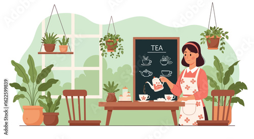 Vintage Tea Room: Woman Pouring Tea In An Indoor Garden Setting