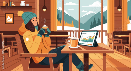 Cozy Cafe Scene With Woman Enjoying Hot Drink And Technology