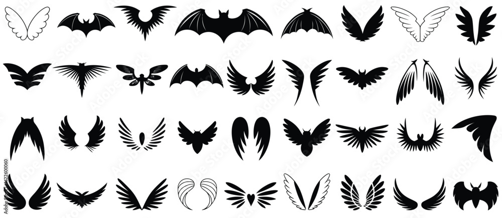 Fototapeta premium Wing Vector Set Collection of Bird, Angel, Bat, and Eagle Wing Illustrations for Logo Design, Tattoos, Emblems, Fantasy Art, and Branding Projects