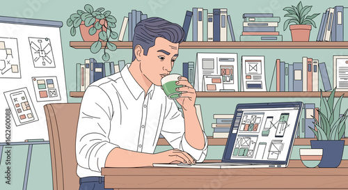 Creative Professional Working From Home Drinking Matcha Tea Cartoon Style