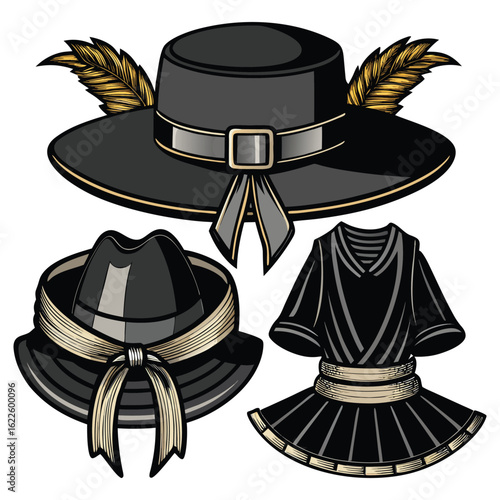 Collection of vintage black hats and a dress with gold accents