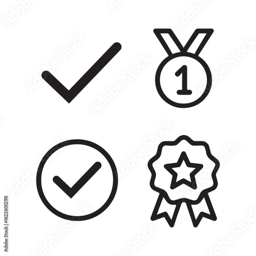 Achievement Icons – Check Mark, Medal, Award Badge Outline Vector Set