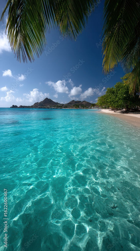 Fototapeta premium Tropical beach with turquoise water and palm trees