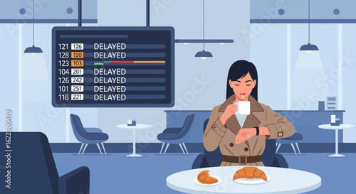 Delayed Flight Anxiety In Airport Lounge Overlooking Schedule Board