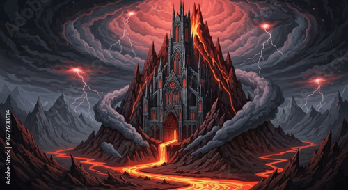 Imposing Castle Nestled Amidst A Volcanic Landscape With Stormy Skies