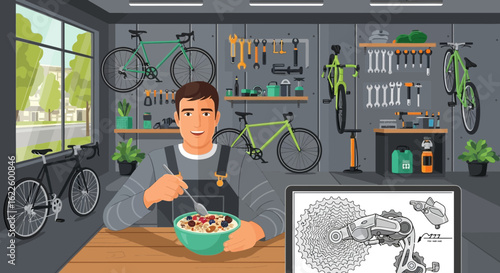 Man Having Breakfast While Watching Bike Repair Tutorials In Workshop