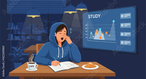 Tired Student Studying Late At Night In Cafe For Examination