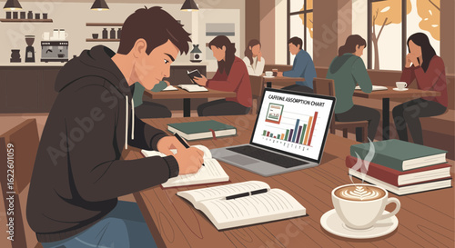 Student Studying At Coffee Shop With Laptop And Notepad