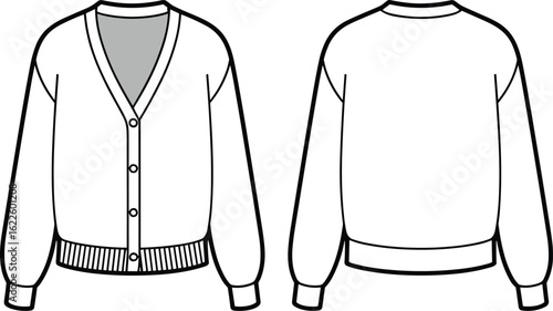 Women's cardigan sweater flat sketch, button-up front, ribbed waistband, V-neck design, technical fashion drawing, clothing vector template, apparel illustration