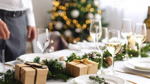 Festive Christmas Table Setting with Gold Accents and Greenery Featuring Gifts and Sparkling Wine Glasses in a Bright Indoor Setting