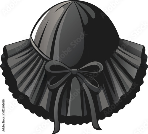 Elegant black bonnet hat with bow and ruffled brim