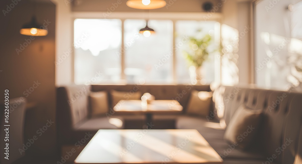 Fototapeta premium Modern Cafe Interior With Comfortable Seating, Blurred Background