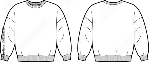Crewneck sweatshirt fashion flat, front and back technical sketch, ribbed cuffs and hem, oversized fit, apparel vector, clothing design illustration