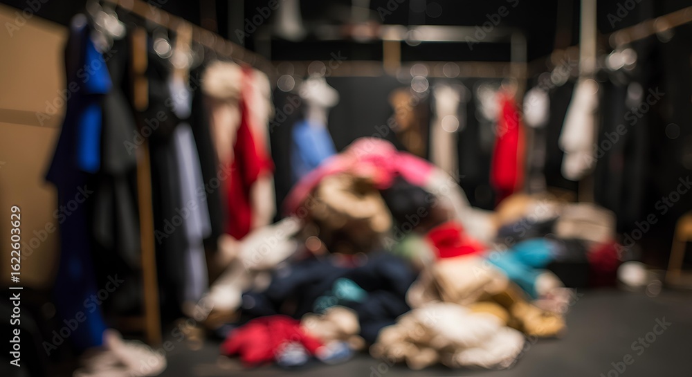 Fototapeta premium Blurred Colorful Clothing Pile In Dark Room of a Design Studio Backstage Dressing Room Stage Background, Blurred Background