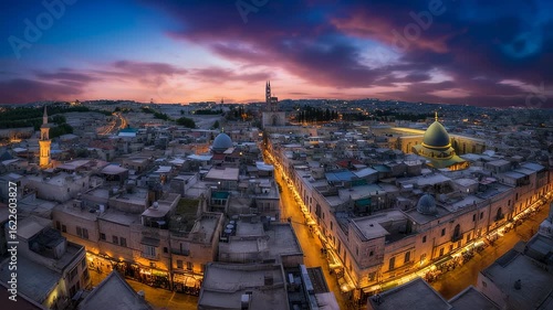 Panoramic view of Jerusalem's illuminated old city at twilight, with vibrant skies