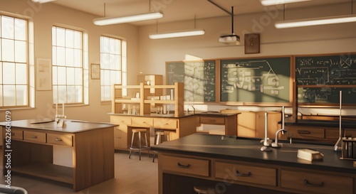 Sunlit Classroom With Wood Furniture And Laboratory Equipment, Blurred Background