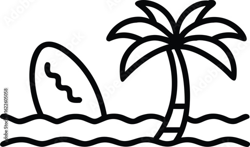 A simple line art icon of a tropical beach with a surfboard and a palm tree. This vector illustration is perfect for summer, vacation, and surf themes.
