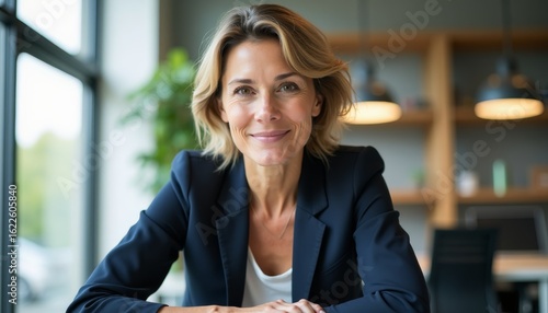 Professional Woman with Short Blonde Hair Smiling in Modern Office