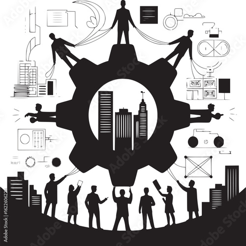 Silhouette illustration of people around a gear with buildings and abstract design elements around it