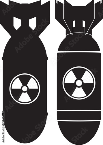 Two atomic bomb silhouettes with radiation symbols