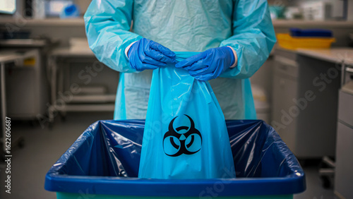 Biohazard waste storage handled with care in medical facility by professional in protective gear