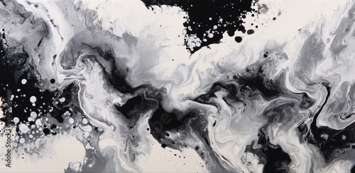 Abstract monochrome painting.  Fluid, swirling patterns of black, white, and grey pigments create a dynamic visual effect
