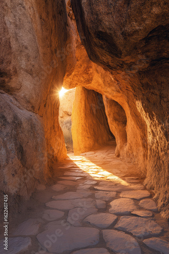 Wallpaper Mural Narrow stone path through natural rock tunnel glowing with warm sunlight at sunrise, capturing a tranquil and dramatic desert landscape. Torontodigital.ca