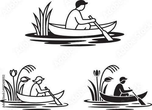 Vector Illustrations of People Paddling Canoes Among Water Lilies
