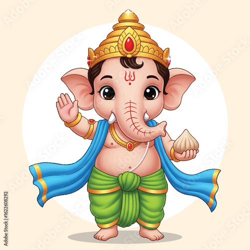 Cute Cartoon Baby Ganesha in Traditional Attire with Crown – Vector Illustration