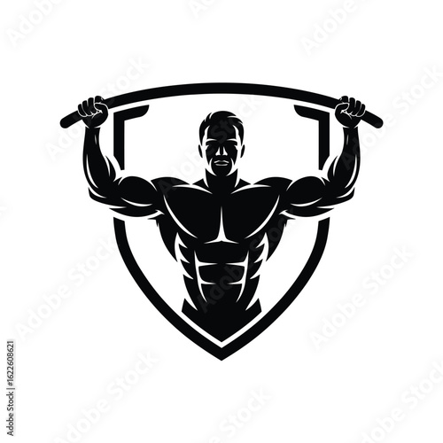 Muscular bodybuilder silhouette performing a pull up inside a shield emblem