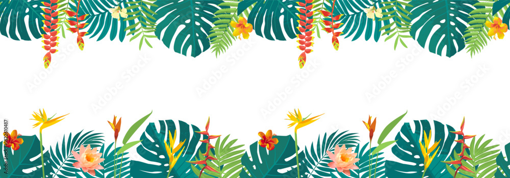 Caribbean background seamless border. Vector tropical beach jungle leaves bg. Brazil green plant rainforest frame. Hawaiian tree foliage. Floral paradise patern. Endless exotic island palm leaf banner