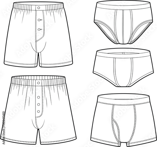 CAD drawing flat vector illustration of men’s boxer shorts, briefs, and trunks in technical fashion sketch for apparel design