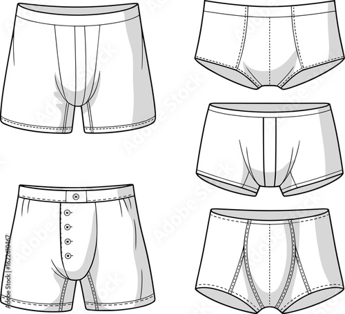 CAD drawing flat vector illustration of men’s boxer briefs, trunks, and briefs in technical sketch format, fashion apparel template set