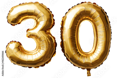 Golden number 30 balloons isolated on transparent background