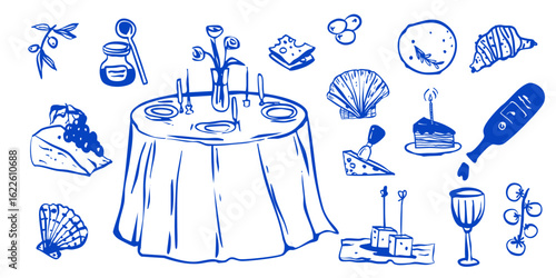 Whimsical party table food wedding setting collection. Romantic vector illustration menu decoration. Cafe restaurant icons doodle graphic sketch set.