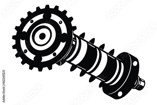 Black and White Mechanical Component Featuring a Gear, Flange and Springlike Structure